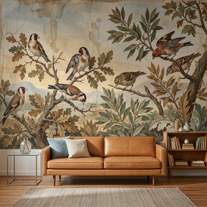Vintage Fresco Wallpaper Birds On Branches Botanical Foliage Wall Mural