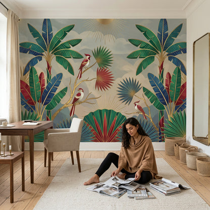 Art Deco Wallpaper Tropical Removable Palm Leaves Wall Decor