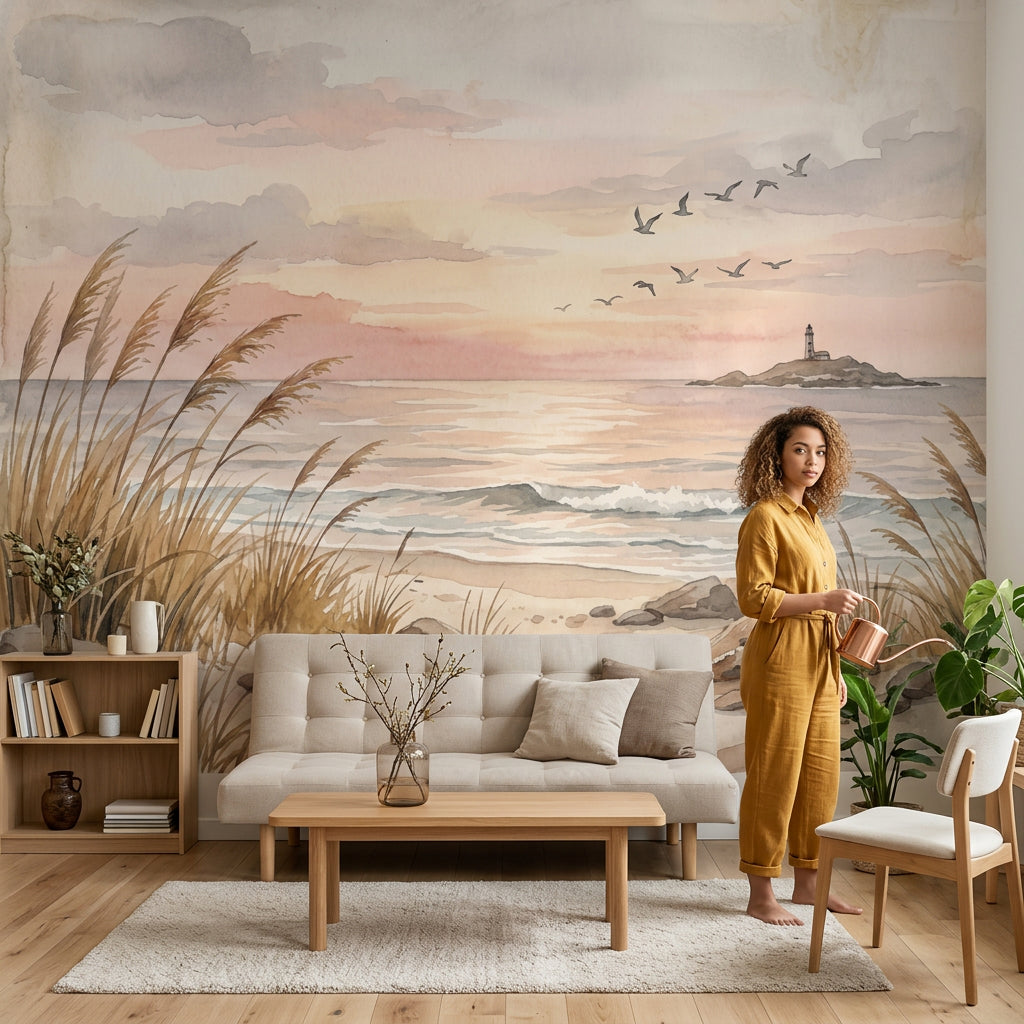 Coastal Wallpaper Beach Dunes Removable Lighthouse Wall Decor