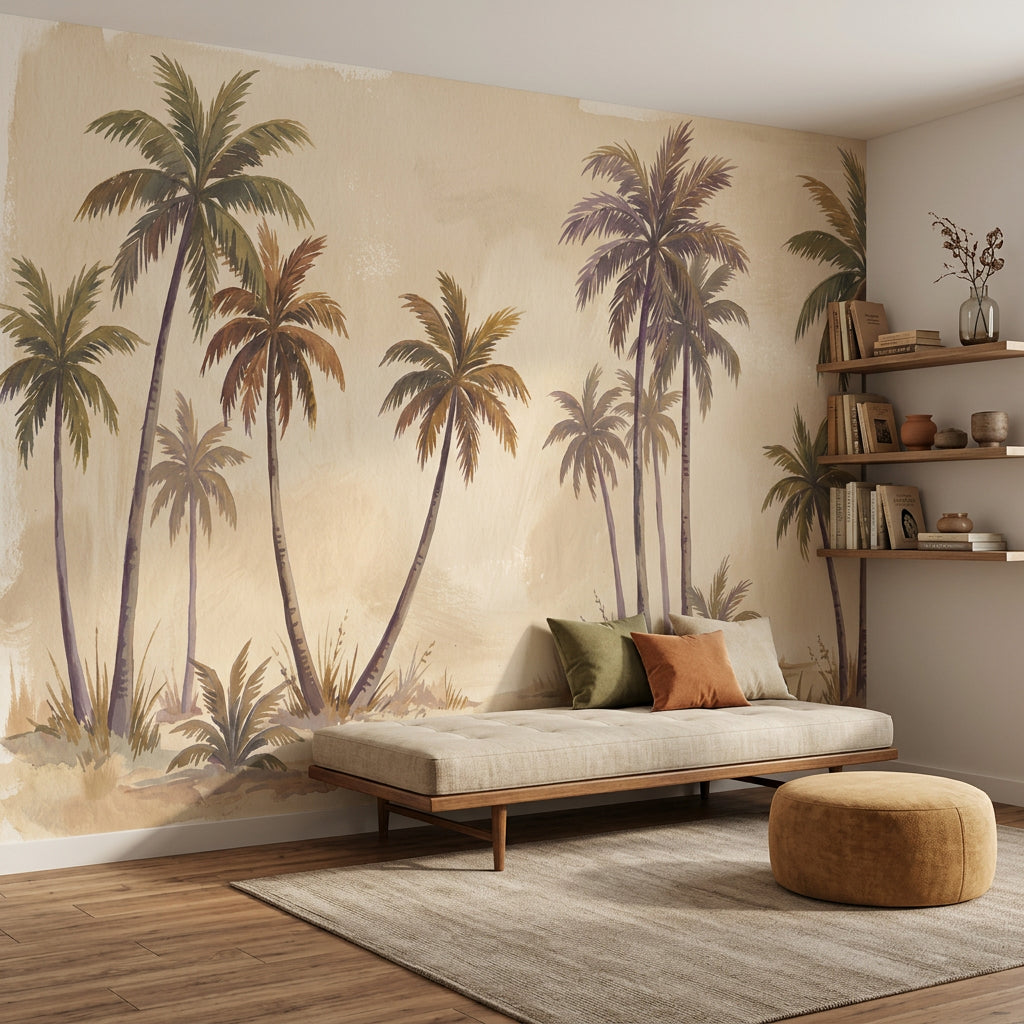 Tropical Palms Wallpaper Coastal Landscape Watercolor Wash Wall Mural