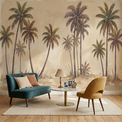 Tropical Palms Wallpaper Coastal Landscape Watercolor Wash Wall Mural