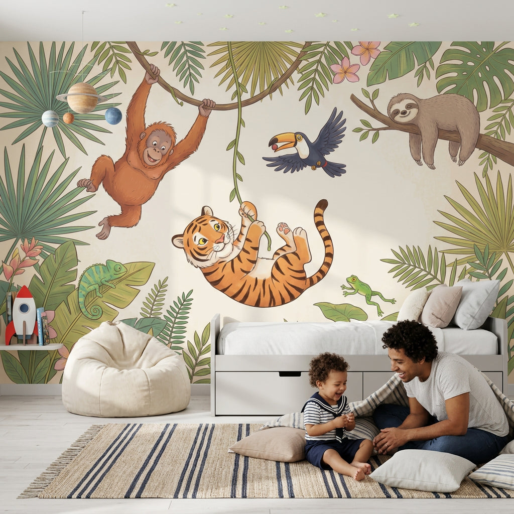 Tropical Jungle Wallpaper Green Foliage Cartoon Animals Removable Wall Decor