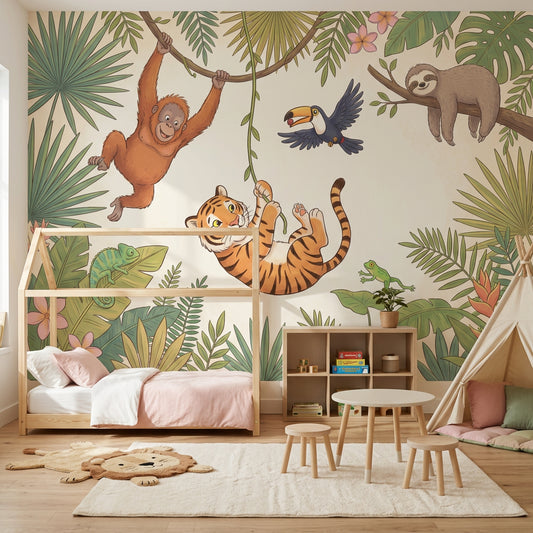 Tropical Jungle Wallpaper Green Foliage Cartoon Animals Removable Wall Decor