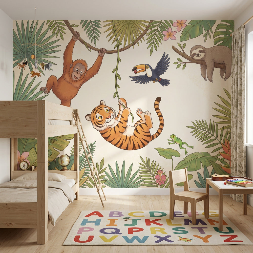 Tropical Jungle Wallpaper Green Foliage Cartoon Animals Removable Wall Decor
