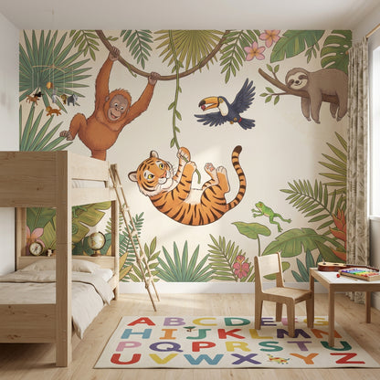 Tropical Jungle Wallpaper Green Foliage Cartoon Animals Removable Wall Decor