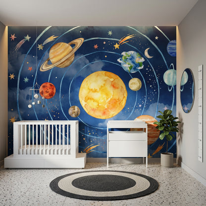 Solar System Wallpaper Dark Navy Watercolor Wall Mural