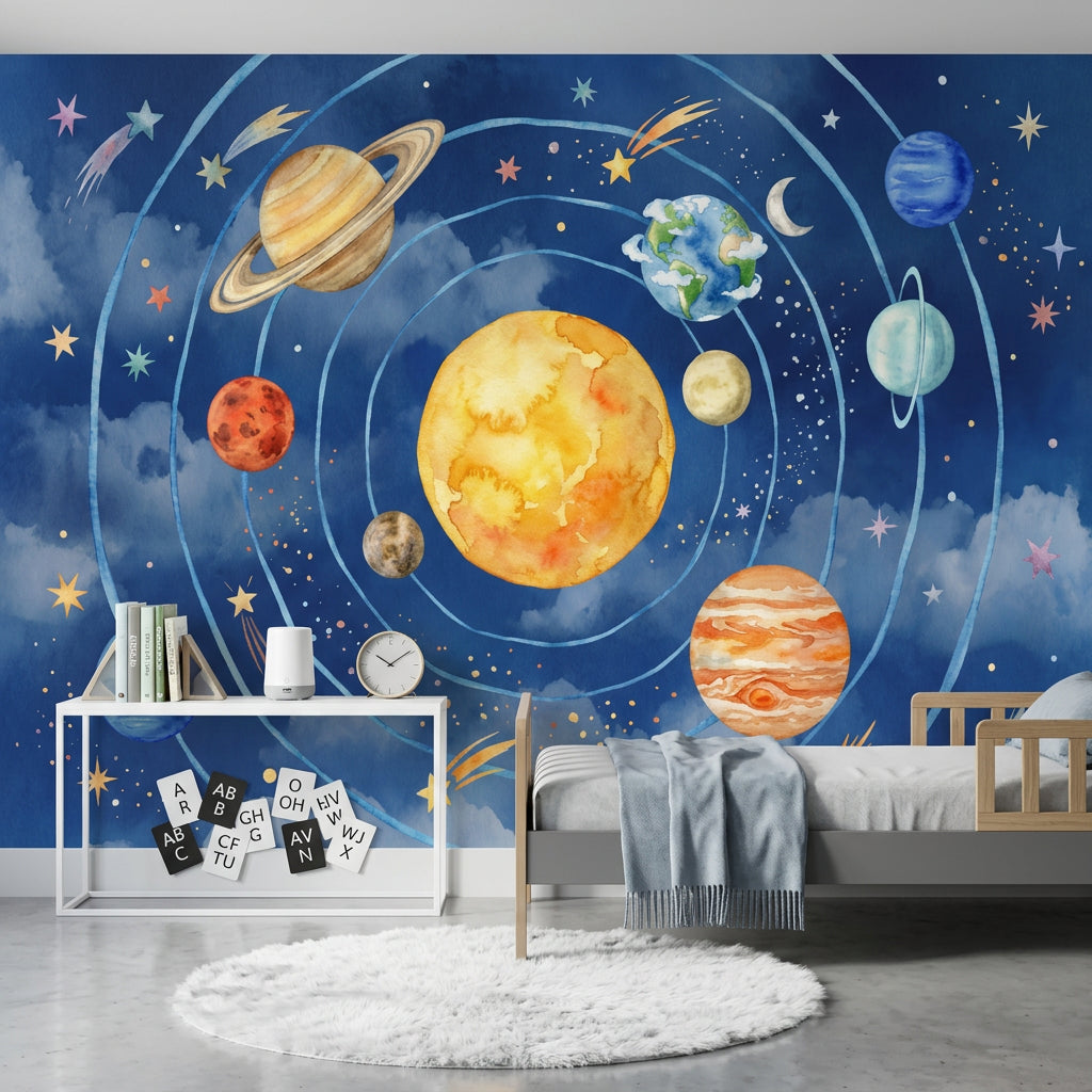 Solar System Wallpaper Dark Navy Watercolor Wall Mural
