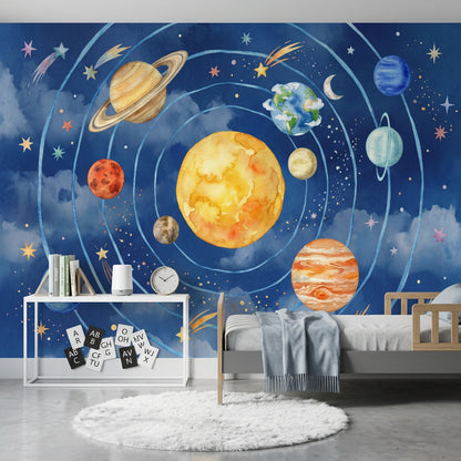 Solar System Wallpaper Dark Navy Watercolor Wall Mural