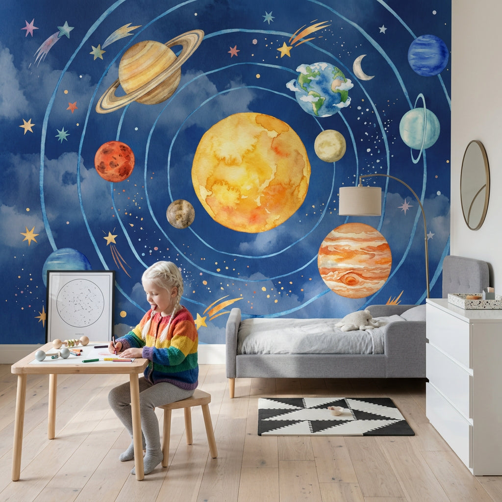 Solar System Wallpaper Dark Navy Watercolor Wall Mural