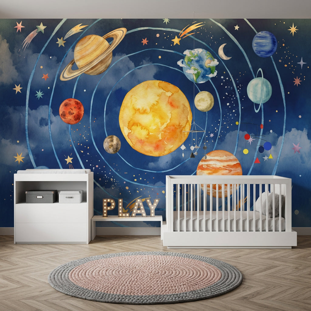 Solar System Wallpaper Dark Navy Watercolor Wall Mural