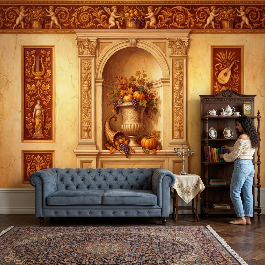 Classical Fresco Wallpaper Roman Niche Harvest Still Life Removable Wall Decor