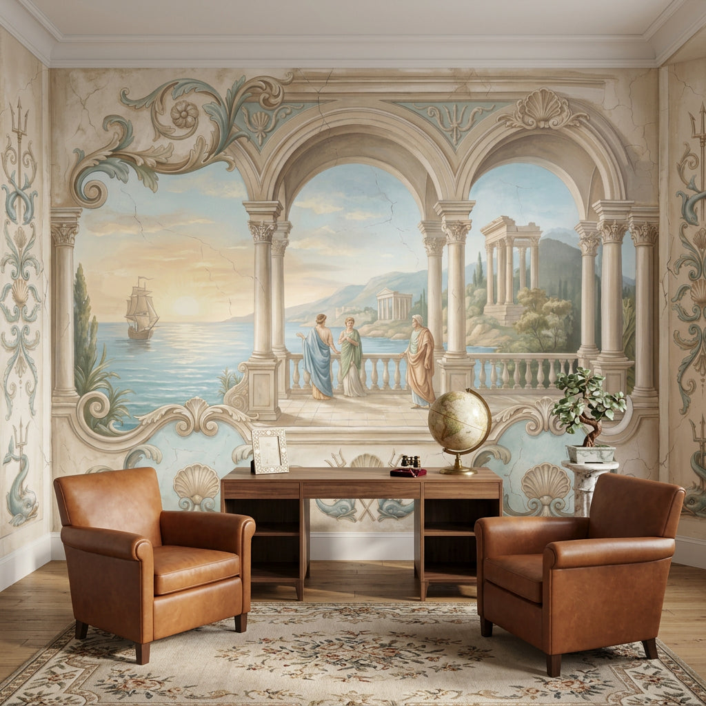 Classical Landscape Mural Wallpaper Mediterranean Coast Roman Arches And Columns Wall Mural