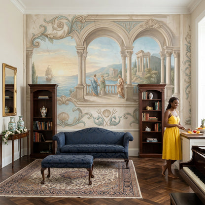 Classical Landscape Mural Wallpaper Mediterranean Coast Roman Arches And Columns Wall Mural