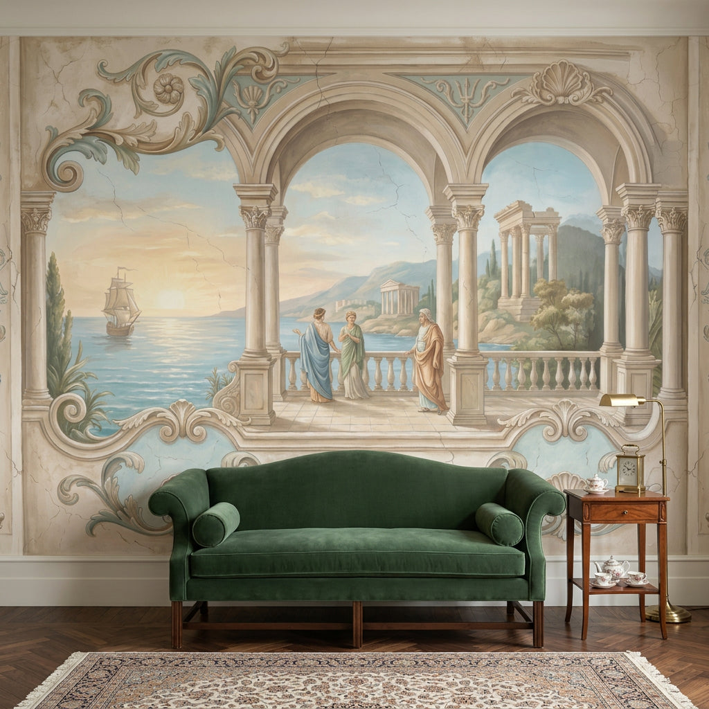Classical Landscape Mural Wallpaper Mediterranean Coast Roman Arches And Columns Wall Mural