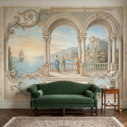 Classical Landscape Mural Wallpaper Mediterranean Coast Roman Arches And Columns Wall Mural