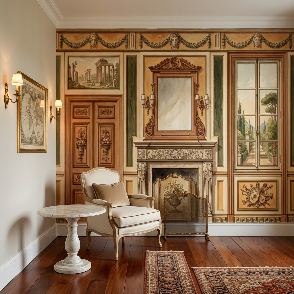 Classical Interior Mural Wallpaper Traditional Fireplace French Window Garden View Wall Mural