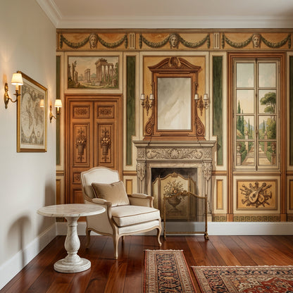Classical Interior Mural Wallpaper Traditional Fireplace French Window Garden View Wall Mural
