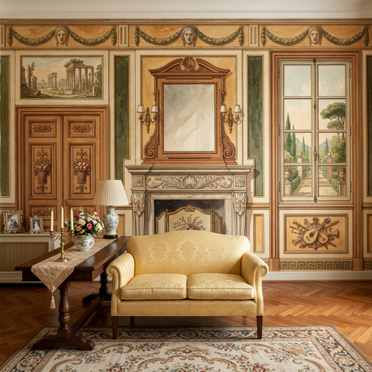 Classical Interior Mural Wallpaper Traditional Fireplace French Window Garden View Wall Mural