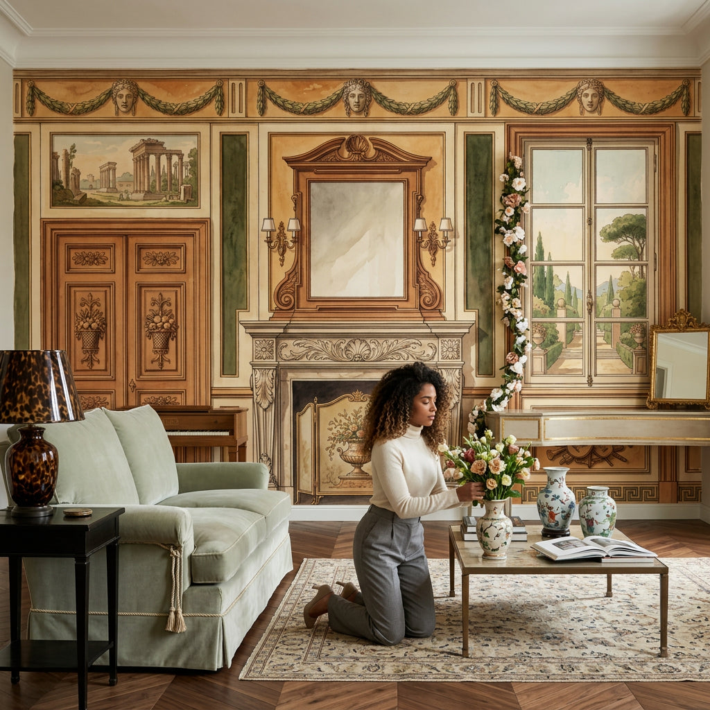 Classical Interior Mural Wallpaper Traditional Fireplace French Window Garden View Wall Mural