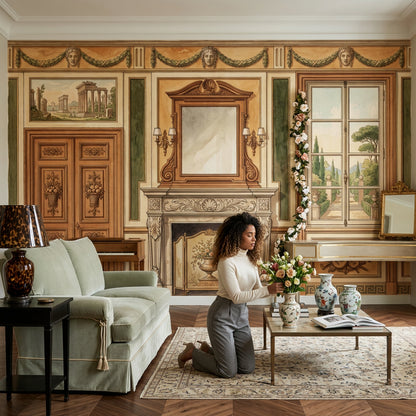 Classical Interior Mural Wallpaper Traditional Fireplace French Window Garden View Wall Mural