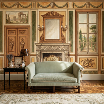 Classical Interior Mural Wallpaper Traditional Fireplace French Window Garden View Wall Mural