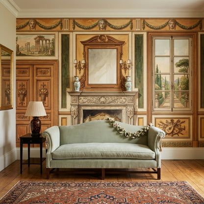 Classical Interior Mural Wallpaper Traditional Fireplace French Window Garden View Wall Mural