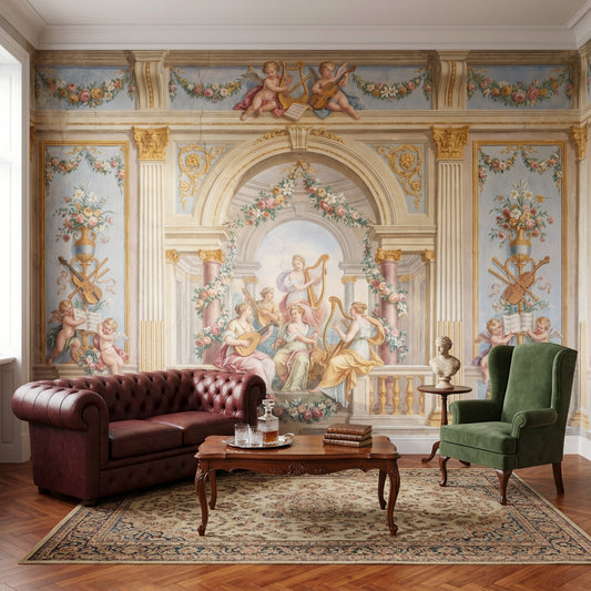 Classical Fresco Wallpaper Floral Garlands Cherubs Removable Wall Decor