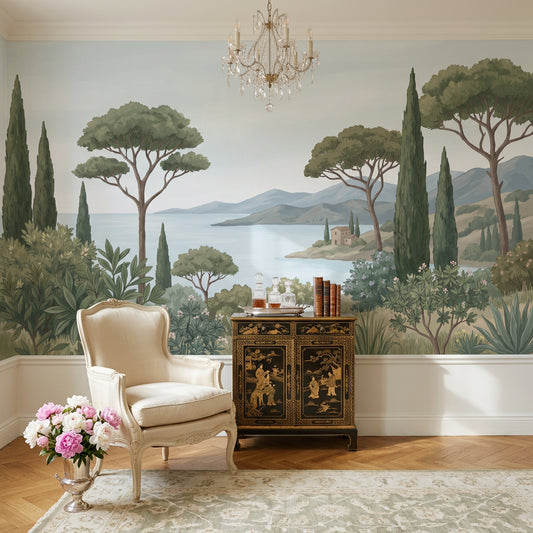 Mediterranean Landscape Wallpaper Coastal Bay Cypress Trees Wall Mural
