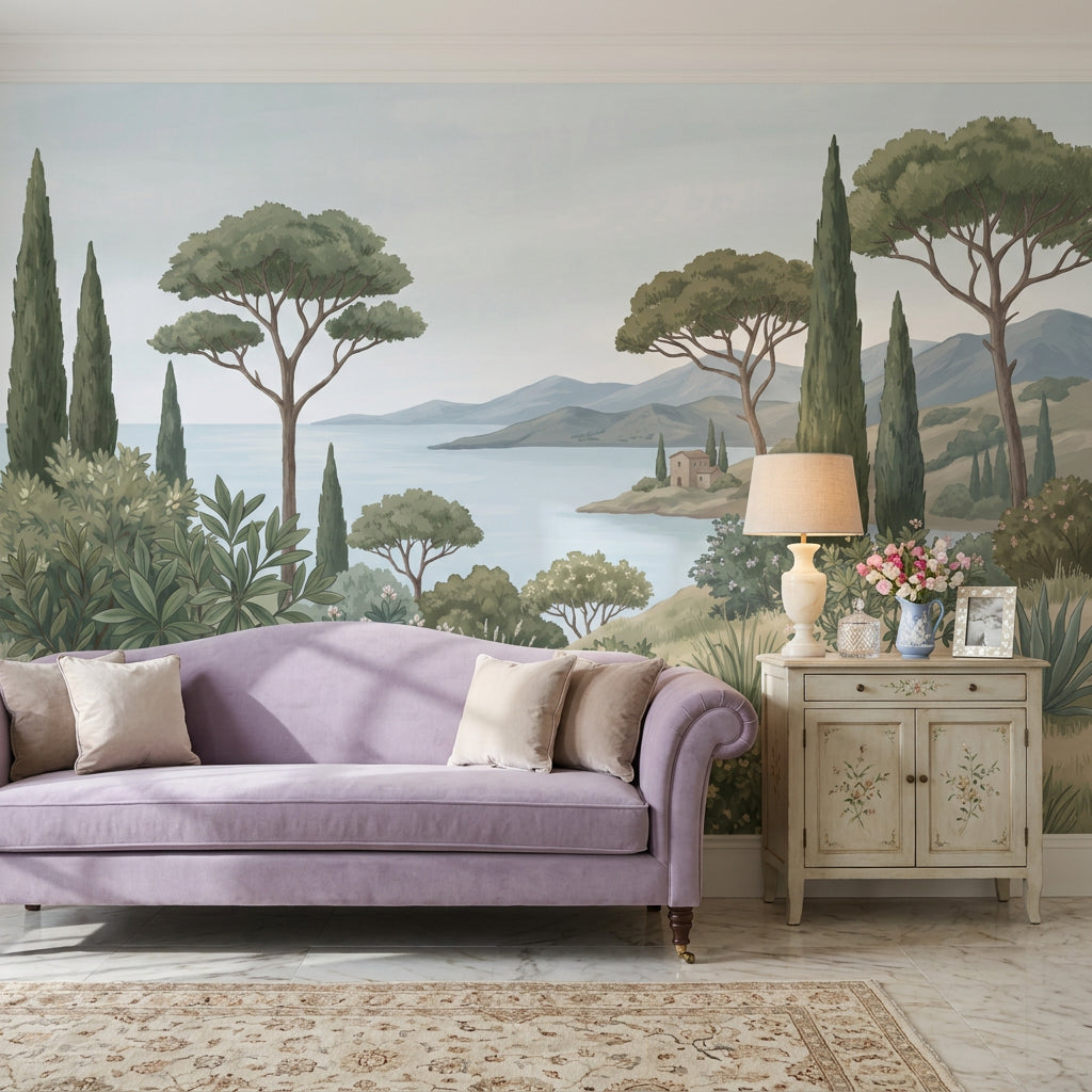 Mediterranean Landscape Wallpaper Coastal Bay Cypress Trees Wall Mural
