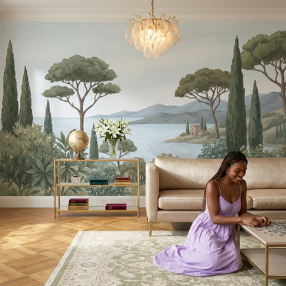 Mediterranean Landscape Wallpaper Coastal Bay Cypress Trees Wall Mural