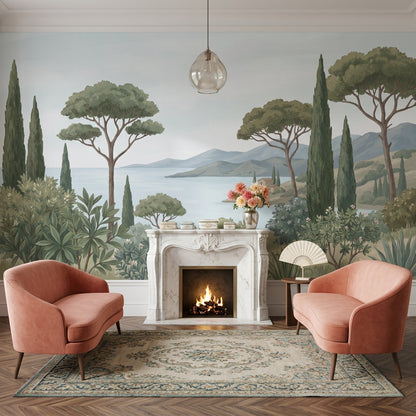 Mediterranean Landscape Wallpaper Coastal Bay Cypress Trees Wall Mural