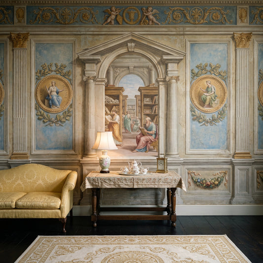 Architectural Trompe Loeil Wallpaper Classical Fresco Removable Library Scene Wall Decor
