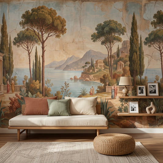 Mediterranean Wallpaper Classical Fresco Coastal Landscape Wall Mural