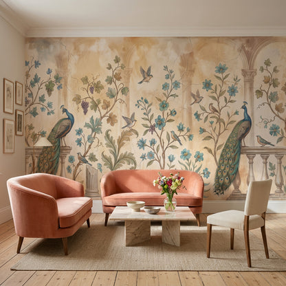 Peacock Wallpaper Botanical Vines Removable Classical Arches Wall Decor