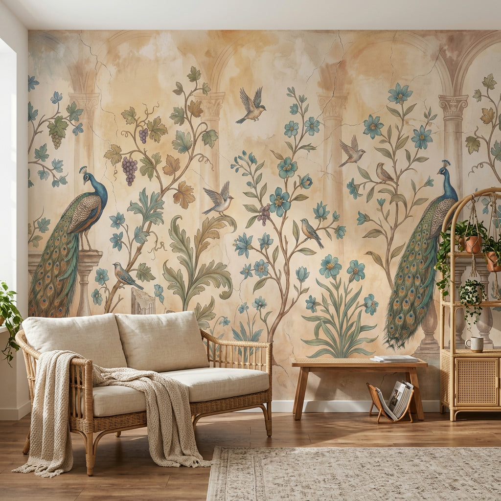 Peacock Wallpaper Botanical Vines Removable Classical Arches Wall Decor