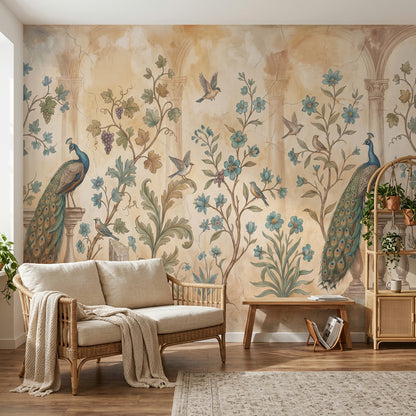 Peacock Wallpaper Botanical Vines Removable Classical Arches Wall Decor