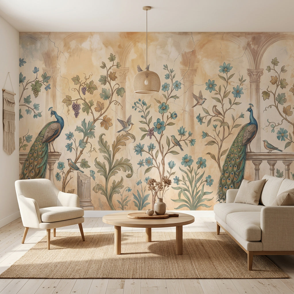 Peacock Wallpaper Botanical Vines Removable Classical Arches Wall Decor