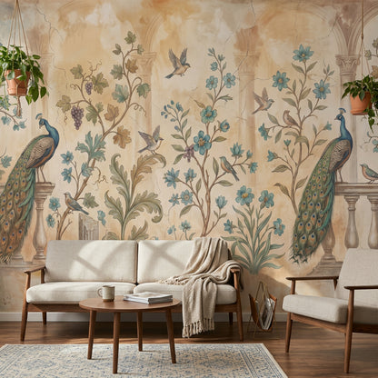 Peacock Wallpaper Botanical Vines Removable Classical Arches Wall Decor