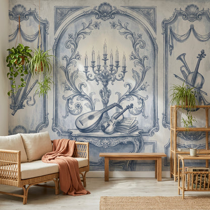 Blue Toile Wallpaper Vintage Mural Classical Music Instruments Wall Mural