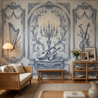 Blue Toile Wallpaper Vintage Mural Classical Music Instruments Wall Mural