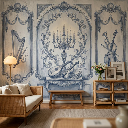 Blue Toile Wallpaper Vintage Mural Classical Music Instruments Wall Mural
