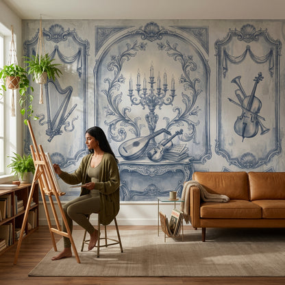 Blue Toile Wallpaper Vintage Mural Classical Music Instruments Wall Mural