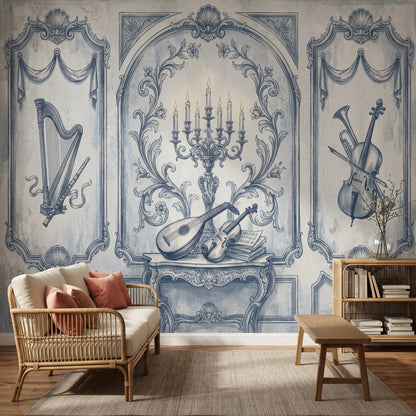 Blue Toile Wallpaper Vintage Mural Classical Music Instruments Wall Mural