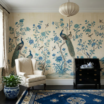 Chinoiserie Wallpaper Peacocks Traditional Asian Inspired Removable Wall Decor
