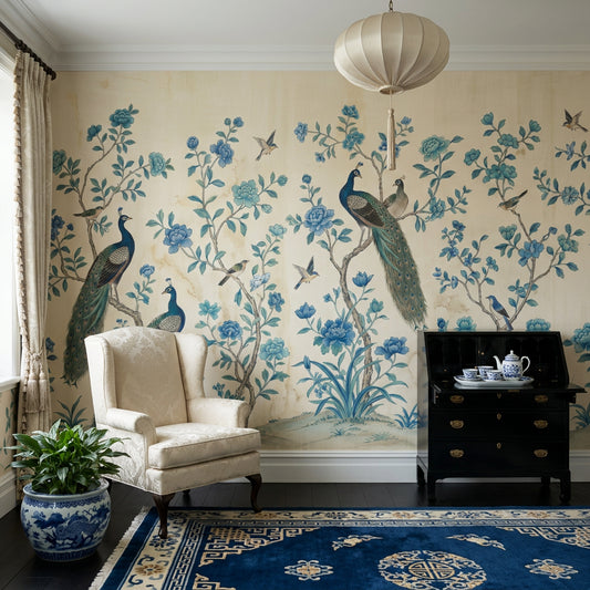 Chinoiserie Wallpaper Peacocks Traditional Asian Inspired Removable Wall Decor