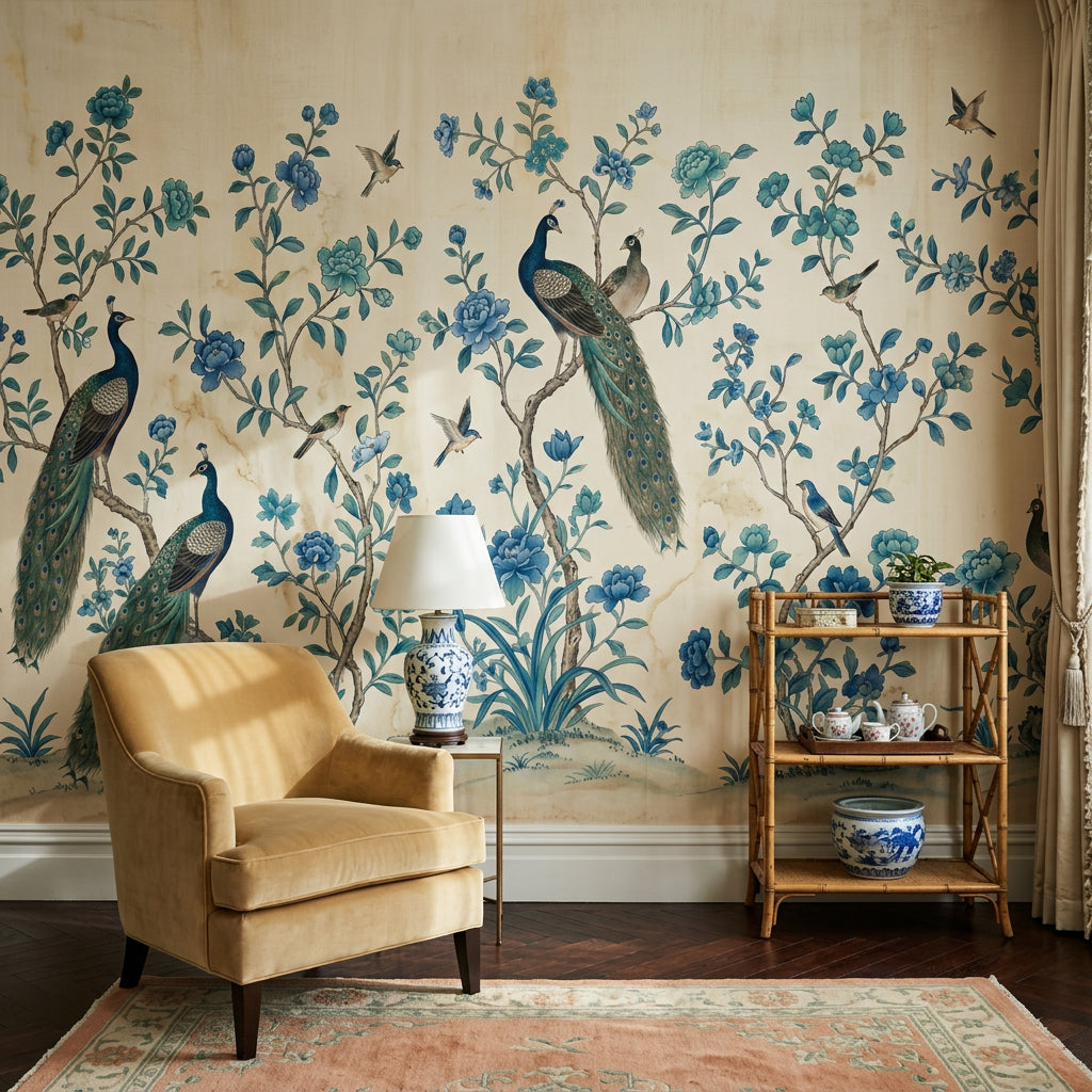Chinoiserie Wallpaper Peacocks Traditional Asian Inspired Removable Wall Decor