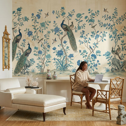 Chinoiserie Wallpaper Peacocks Traditional Asian Inspired Removable Wall Decor