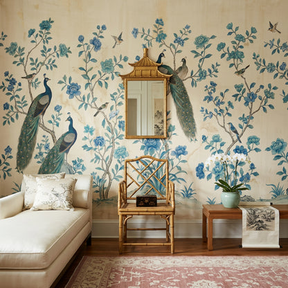 Chinoiserie Wallpaper Peacocks Traditional Asian Inspired Removable Wall Decor
