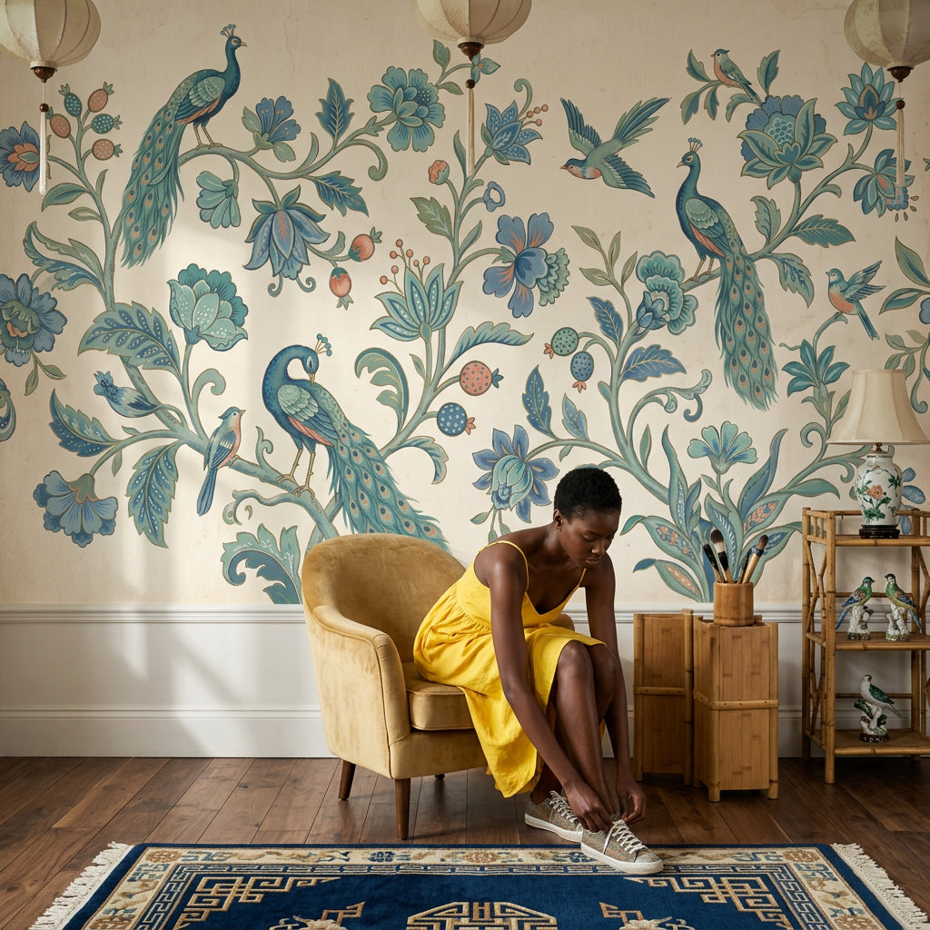 Peacock Wallpaper Blue Floral Removable Botanical Vines Wall Decor