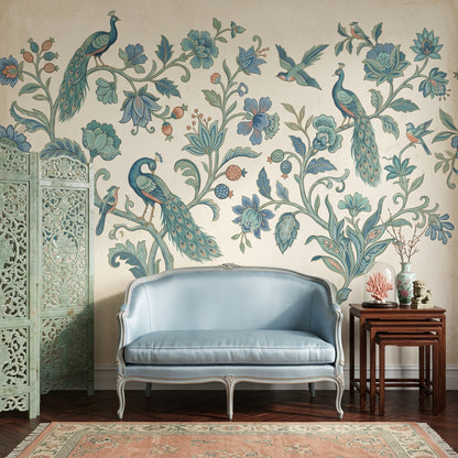 Peacock Wallpaper Blue Floral Removable Botanical Vines Wall Decor
